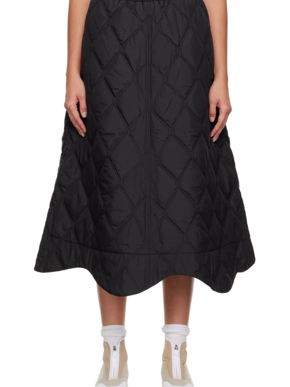 Ganni Black Quilted A-Line Midi Skirt